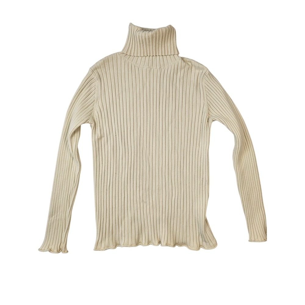 Molly Bracken Ribbed Turtleneck Sweater Cream Off-White Long Sleeve Top L/XL